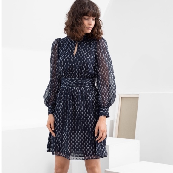 & Other Stories Dresses & Skirts - & Other Stories Micro Floral Pleated Mini Dress Navy Blue Size 6 AA
